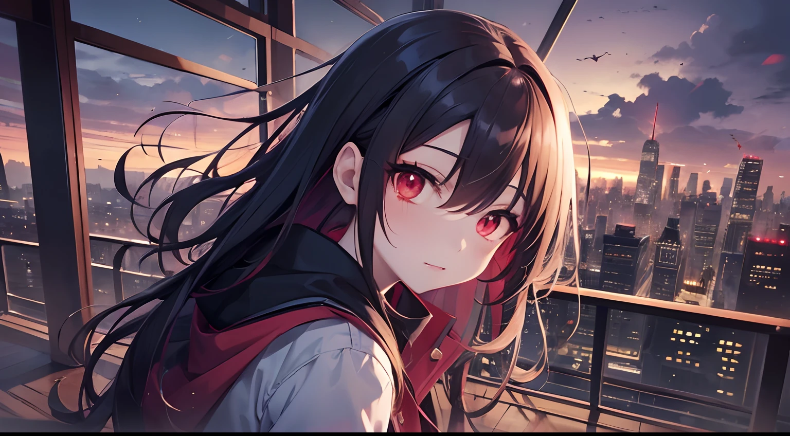 (masutepiece), Red pupils, Very cute girl vampire, Cute, deep in the night, Windswept and cloudy, Overlooking a high perspective, in night, Light floating above the sky.