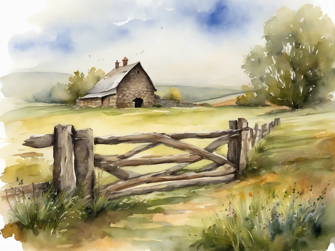 foreground wooden farm gate and run down low stone wall with grass and plants. middle ground farmhouse and trees with a field in front. atmospheric sky in the background. hi res. realistic.