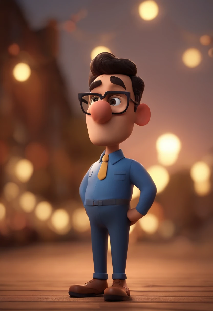 Cartoon character of a man wearing black glasses and a blue shirt, um personagem animado, Caractere estilizado, animation style rendering, 3D estilizado, Arnold Maya render, 3 d render stylized, toon render keyshot, Personagem 3D, Personagem 3D, 3d rendering stylized, 3 d character render, personagem de desenho animado, Personagem de close up, Pose de personagem, (Estilo Pixar) (master part:1.2) (Bokeh) (best quality) (pele detalhada) (textura detalhada) (8k) (argila) (Cinematic lighting) (foco nítido,Senta e vaza a parte superior do corpo