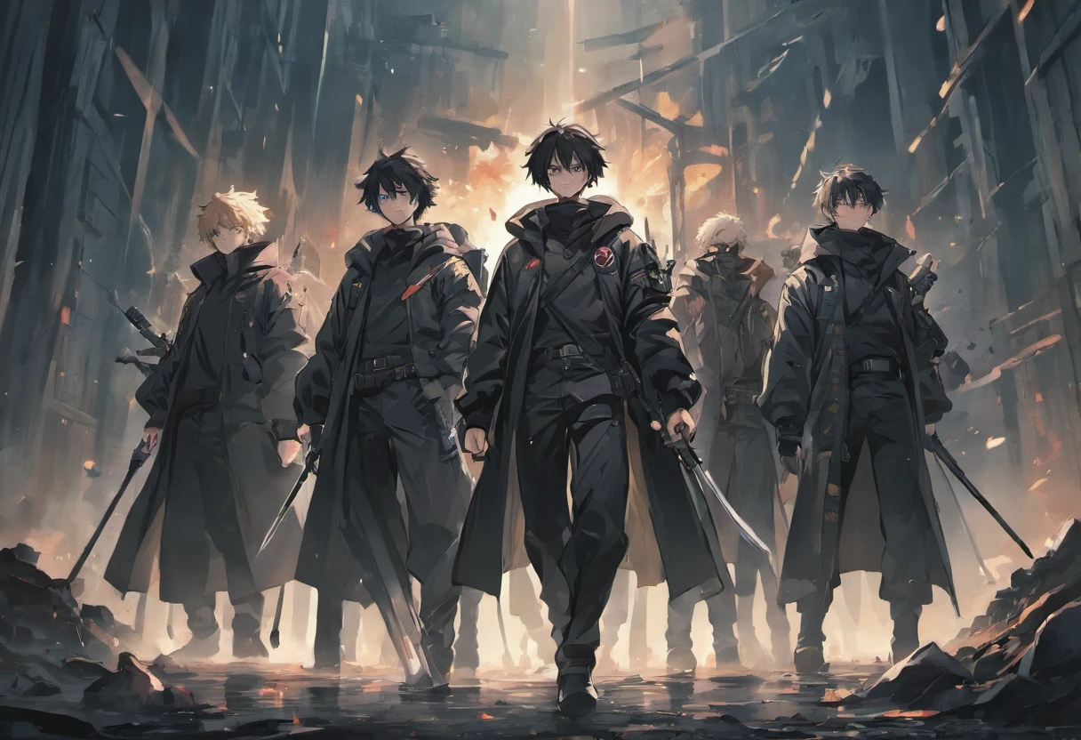 A group of men dressed in all-black holding weapons in an apocalyptic environment