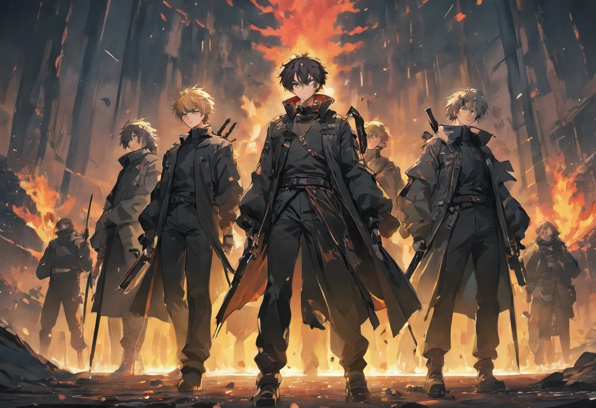 A group of men dressed in all-black holding weapons in an apocalyptic environment