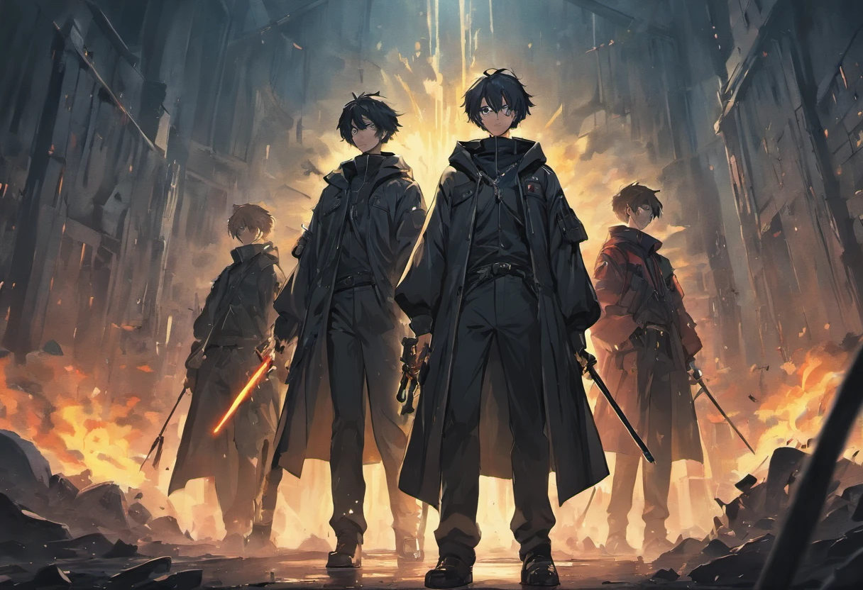 A group of men dressed in all-black holding weapons in an apocalyptic environment