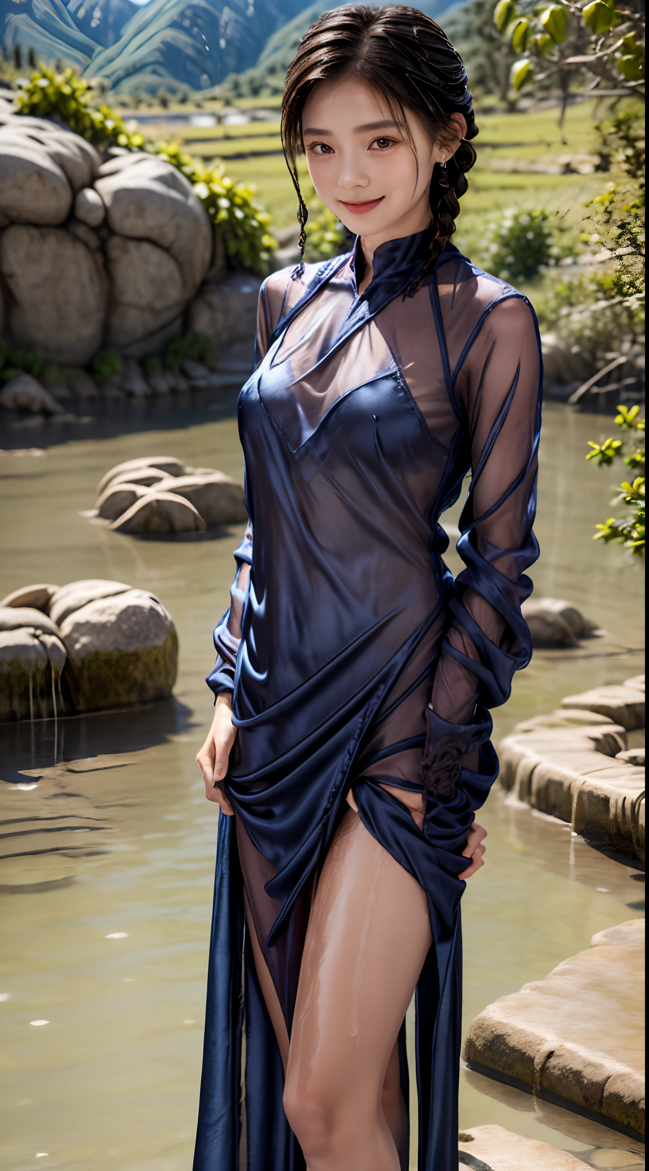femele,12 years old,japanes,Brown hair,(((Navy blue silk dress))),Beautiful short hair,,Hair fastening to bangs,,((()),Natural smile,((())),Braids.(((Clothes are wet and see-through))),sand beach,((())),