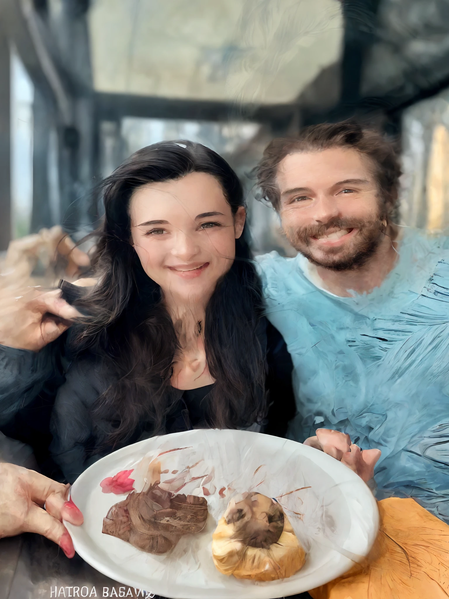 there is a man and woman that are smiling for the camera, both smiling for the camera, Charli Bowater e Artgeem, Fotografia selfie 8k, Postagem no Reddit, casal sorridente, Casal feliz, Millaise e Greg Rutkowski, imagem de qualidade muito baixa, retrato de casal, happily smiling at the camera, retrato de casais, foto do snapchat