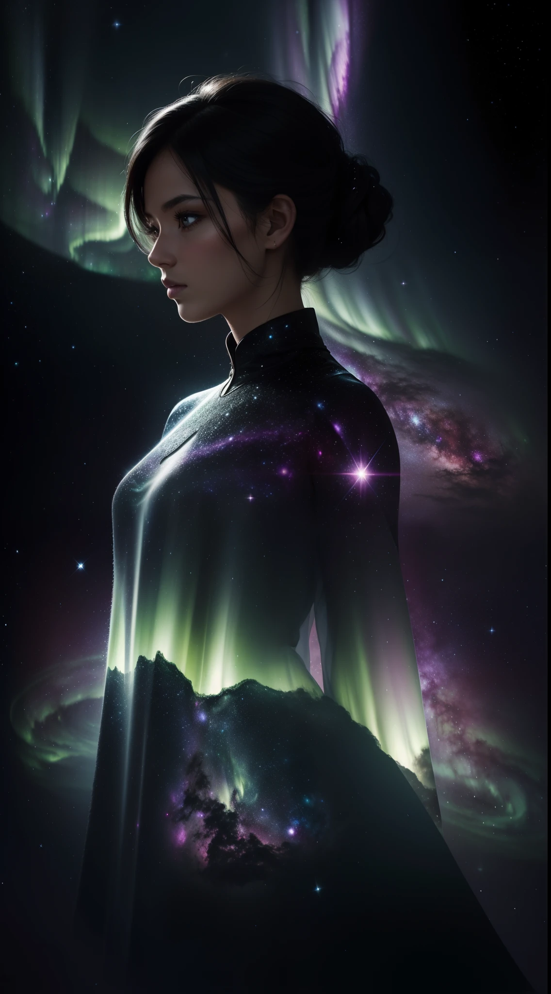 lovely double exposure image by blending together a galaxy and a dark female silhouette. The galaxy should serve as the underlying backdrop, with its details subtly incorporated into the female silhouette, sharp focus, double exposure, northen lights colors, dreamy, intricate design, hyper realistic, high definition, extremely detailed, cinematic, HDR, photorealistic (double exposure:1.1) whimsical