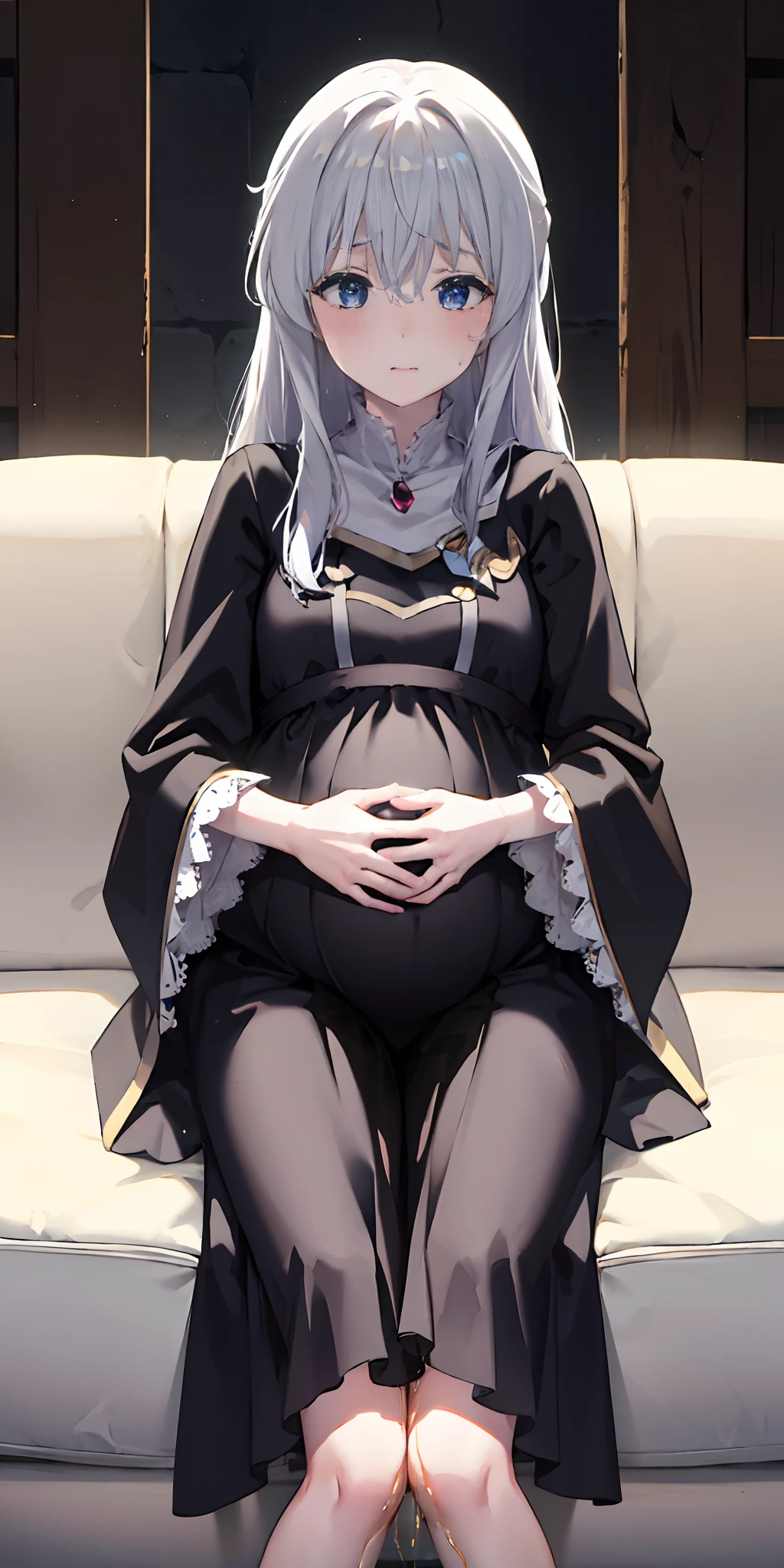 Elaina, white ash hair, anime girl, black shirt, white skirt, (black cloak:1.2), pale face, sweating, heavy breath, blushing, pregnant, Pregnant  belly, (best quality:1.2), ultra-detailed,realistic ,portraits, vivid colors, soft lighting, interesting PoV, (pee is white:0.7), spread kneel, Lie down  on sofa, (the girl is leaked pee: 1.3), straight hair