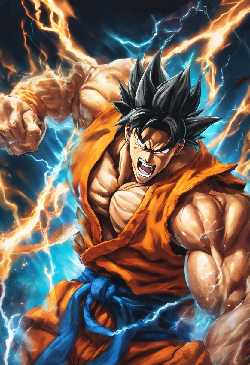 Realistic 3D rendering of Goku Super Saiyan fused Aquaman, surrounded by lightning, grande musculatura, fotografia de corpo inteiro, hiper-realista