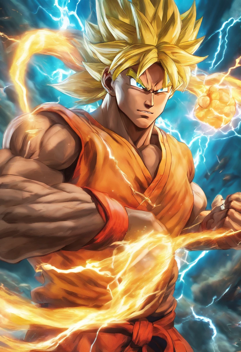 Realistic 3D rendering of Goku Super Saiyan fused Aquaman, surrounded by lightning, grande musculatura, fotografia de corpo inteiro, hiper-realista