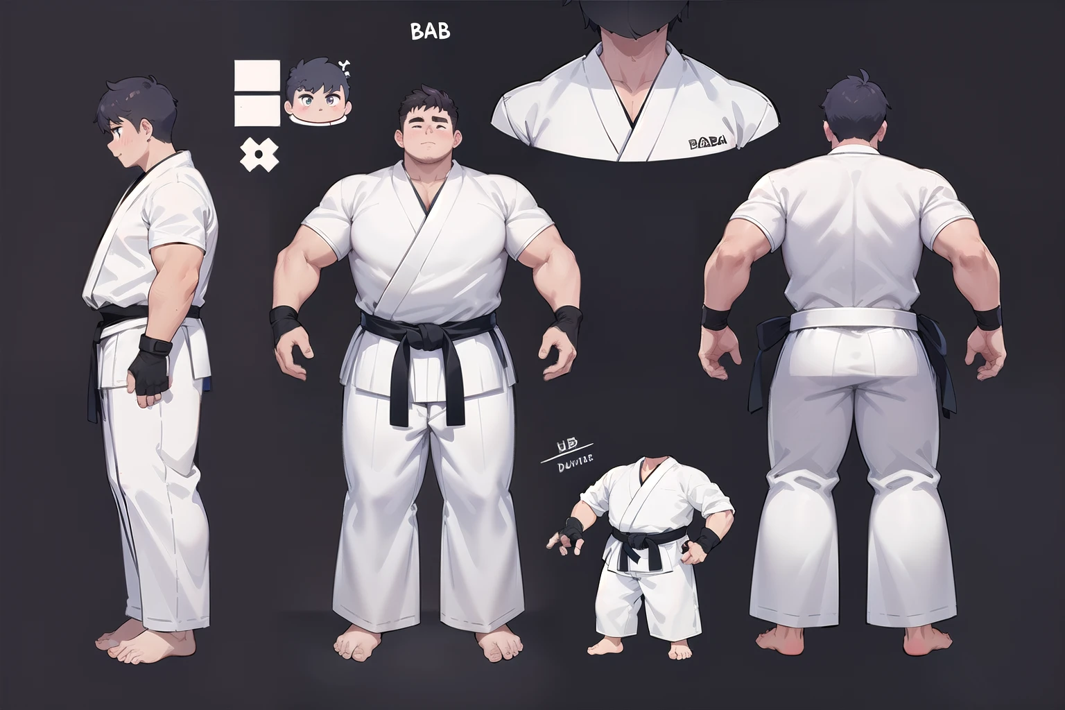 ((1boy_only)), charturnerv2, character_turnaround, character_sheet, ((3views)), reference_sheet, (chubby:1.2, stocky:1.2), ((white judo gi)), ((dougi)), barefoot, ((long pants)), (bara:1.2), (shota:0.25), buzz_cut, full body shot, ((cool, cute, awesome)), (fingerless gloves), (chubby_face:0.8), (solid_background)