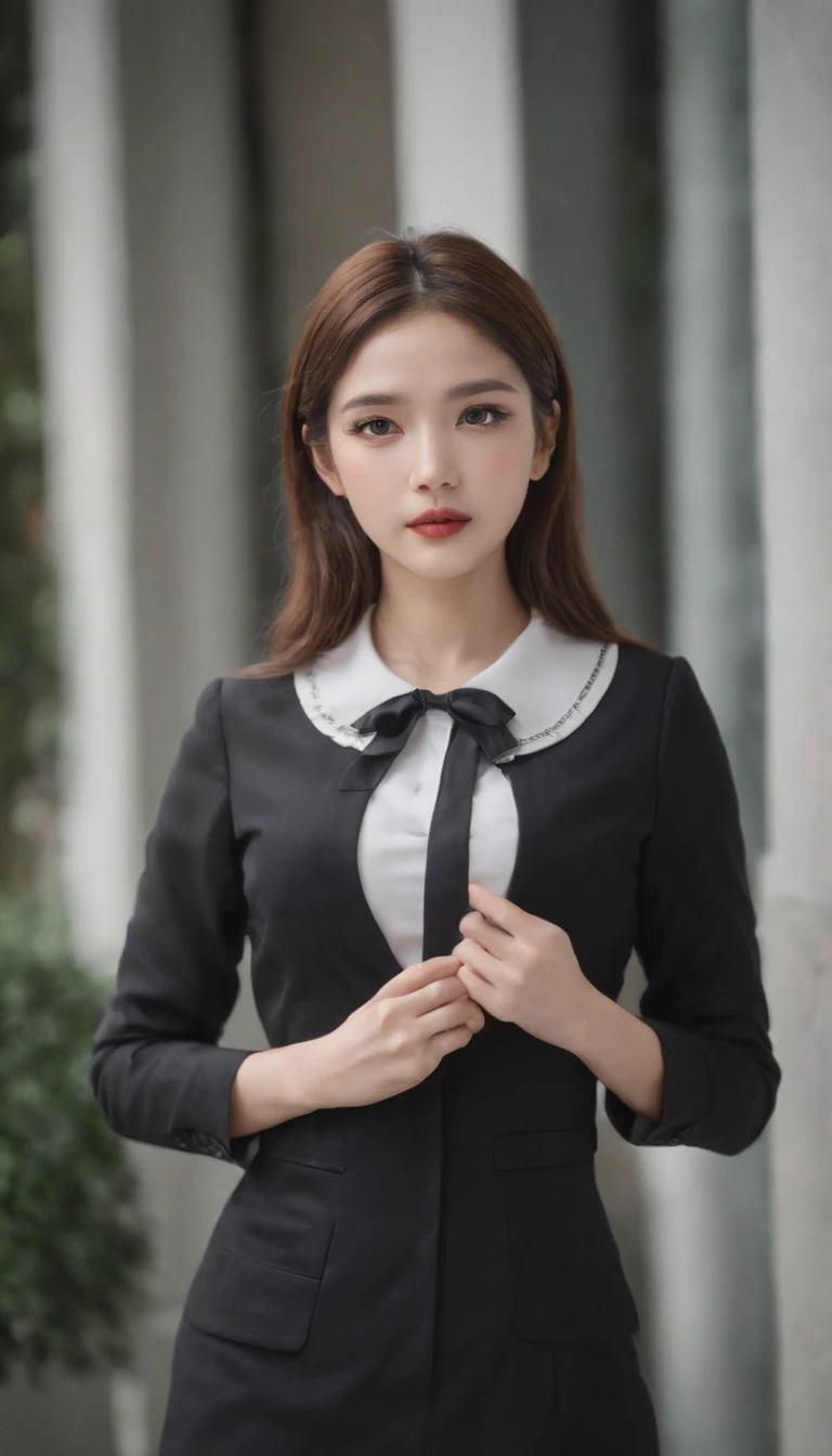 Best quality, Full body portrait, Delicate face, Beautiful face, Big eyes: 1.1, Makeup: 1.2, 25 years old woman, Slim body, small busts, office lady uniform, White-collar uniforms for women, office uniform, Black stockings, Outdoor scene,