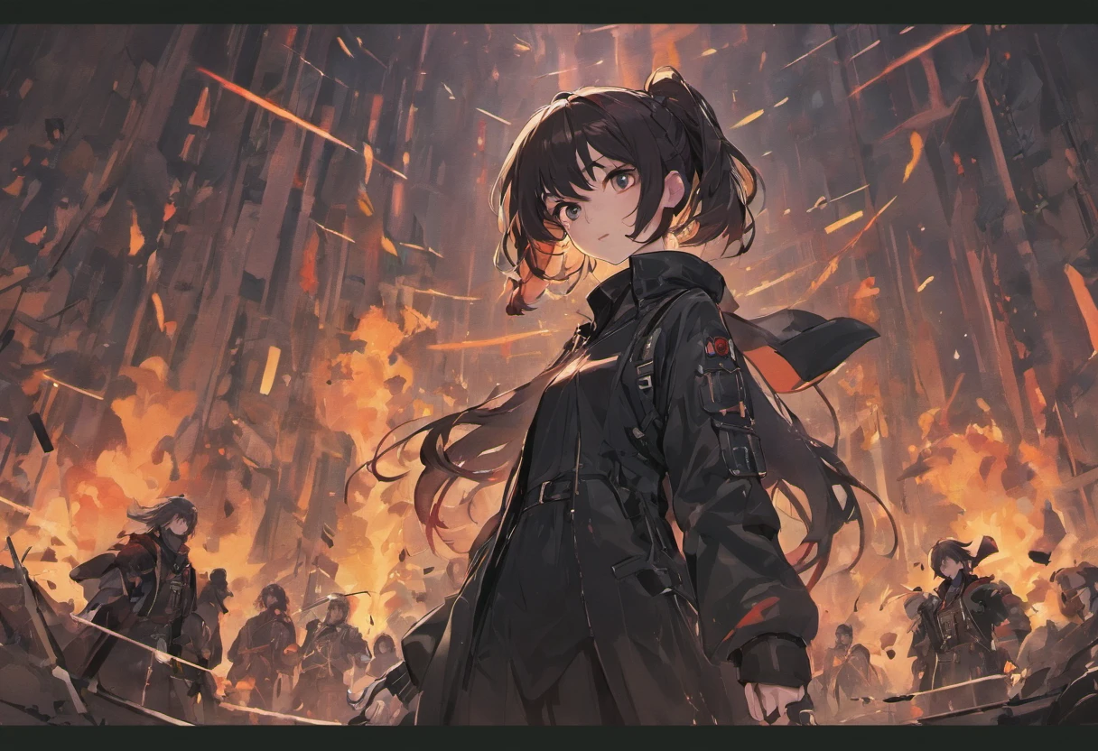 A group of people dressed in all black,In the middle is a girl,Hold a weapon in an apocalyptic setting