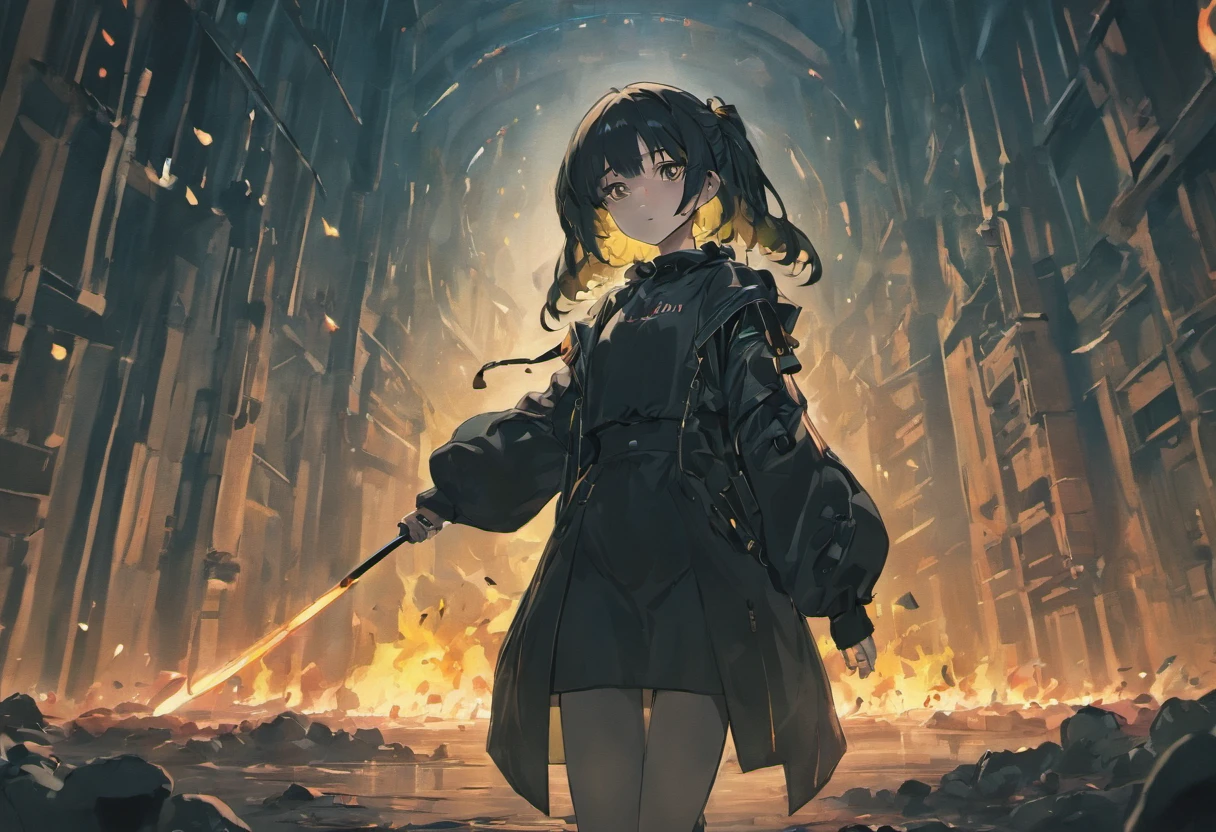 A group of people dressed in all black,In the middle is a girl,Hold a weapon in an apocalyptic setting