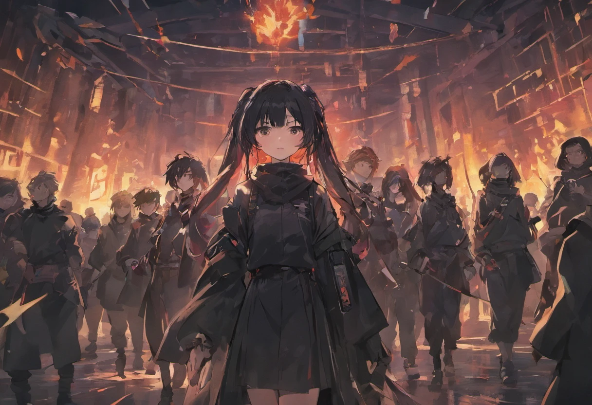 A group of people dressed in all black,In the middle is a girl,Hold a weapon in an apocalyptic setting