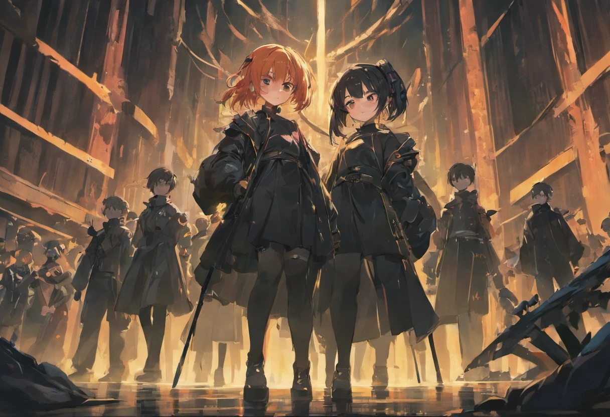 A group of people dressed in all black，In the middle is a girl，Hold a weapon in an apocalyptic setting