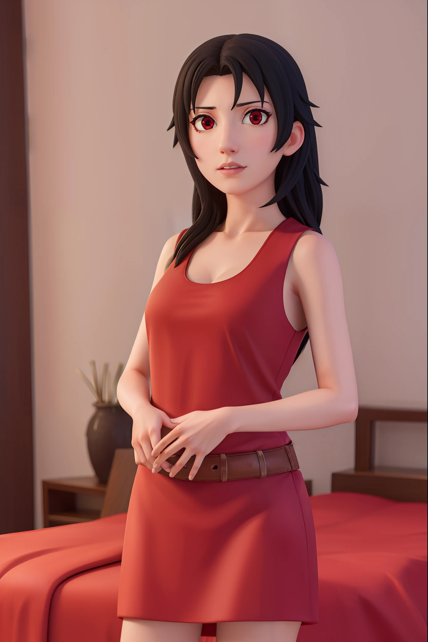 kurenai, kurenai, long hair, black hair, (red eyes:1.5), makeup, lipstick,
BREAK dress, cleavage, red dress, sleeveless,
BREAK looking at viewer, full body, (cowboy shot:1.5),
BREAK indoors, bed,
BREAK (masterpiece:1.2), best quality, high resolution, unity 8k wallpaper, (illustration:0.8), (beautiful detailed eyes:1.6), extremely detailed face, perfect lighting, extremely detailed CG, (perfect hands, perfect anatomy),