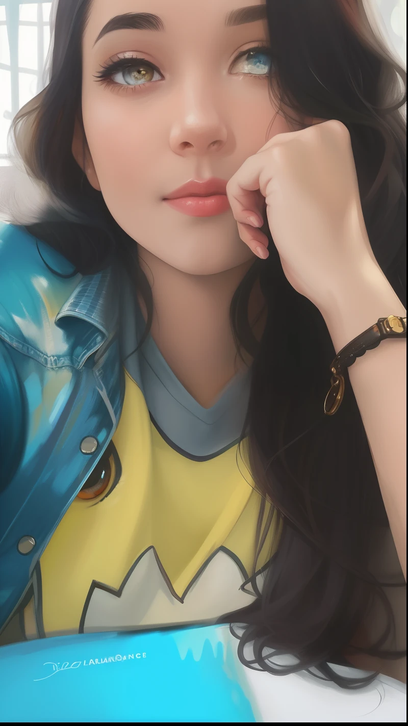 Menina dos desenhos animados com cabelo longo e uma camisa vermelha falando em um telefone celular, Personagem de close up, retrato de personagem de closeup, 🤤 retrato da menina, closeup retrato de personagem, painting digital adorable, Personagem close up, retrato bonito, baixo detalhamento. pintura digital, close-up do personagem, estilo pixar dos desenhos animados, pintura digital dos desenhos animados, fanart detalhado, estilo de arte realista, Closeup da arte do personagem