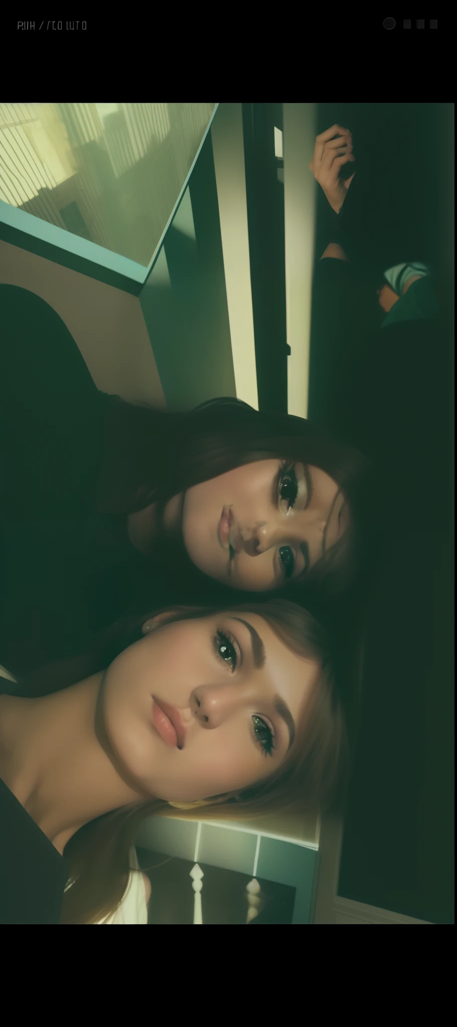 There's two women who are sitting together in the dark, imagem de qualidade muito baixa, foto de baixa qualidade, fotografia de baixa qualidade, No estilo de Petra Collins, granulado de baixa qualidade, imagem desfocada, granulado de baixa qualidade, selfie apaixonada, foto distorcida, com hera, qualidade muito baixa, non blurry, Foto de perfil, Petra Collins e MC. Escher