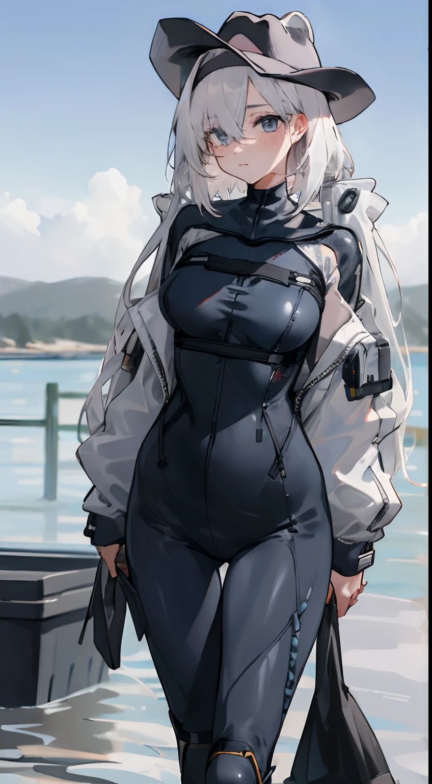 masterpiece,best quality,ultra detailed,8k,tall,big female,(gigantic breasts: 1.8),20 years old,silver hair,long hair,straight hair,green eyes,smile,school swimsuit,black socks,black coat,coat on shoulders,action,