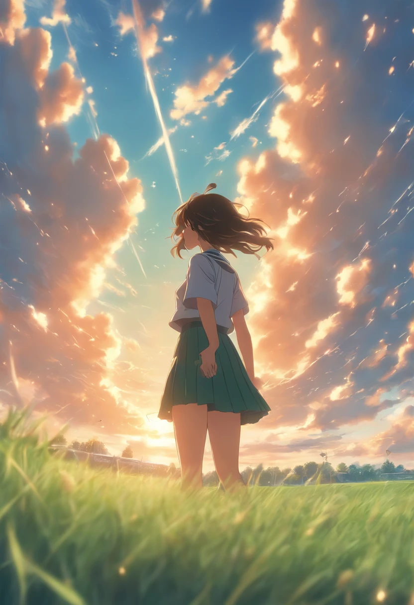 1girl in distance, looking up, school uniform, epic composition, green grass field, windy, blue sky, beautiful clouds, sunny light, absurdres, high res, ultrasharp, 8K, masterpiece, makoto shinkai style, shot on dslr