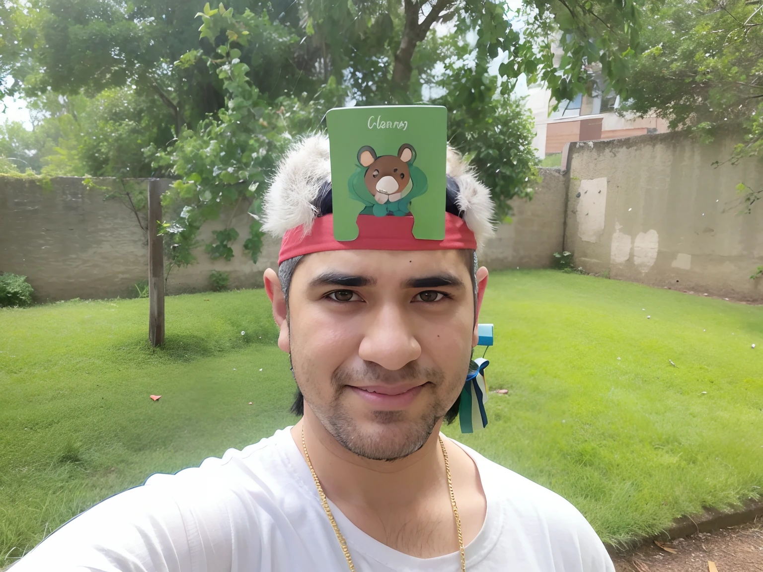 Arafed man wearing a green hat with a bear on it, usando uma coroa de papel, wearing the number 1 headband, with a weird hat, Directed by: Nandor Soldier, using a stop sign on the head, crown on her head, it's wearing a cute little hat, wearing a silly hat, h3h3, Carmelo Blandino