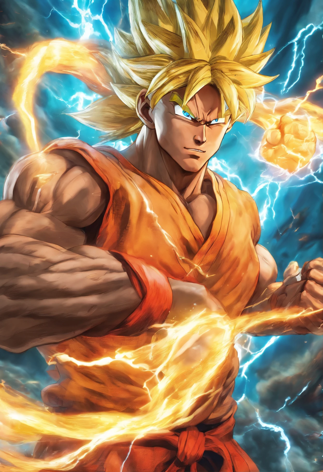 Realistic 3D rendering of Goku Super Saiyan fused Aquaman, surrounded by lightning, grande musculatura, fotografia de corpo inteiro, hiper-realista