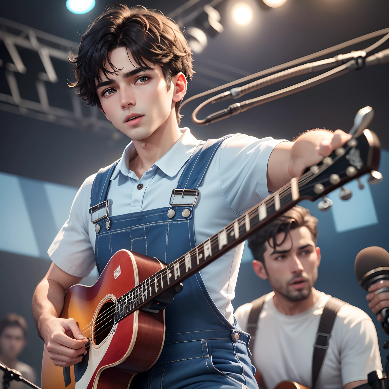 obra-prima, melhor qualidade de imagem, High detail, super high resolution, 8K resolution, A dark-haired boy in blue overalls sings on stage, microphone in hand
