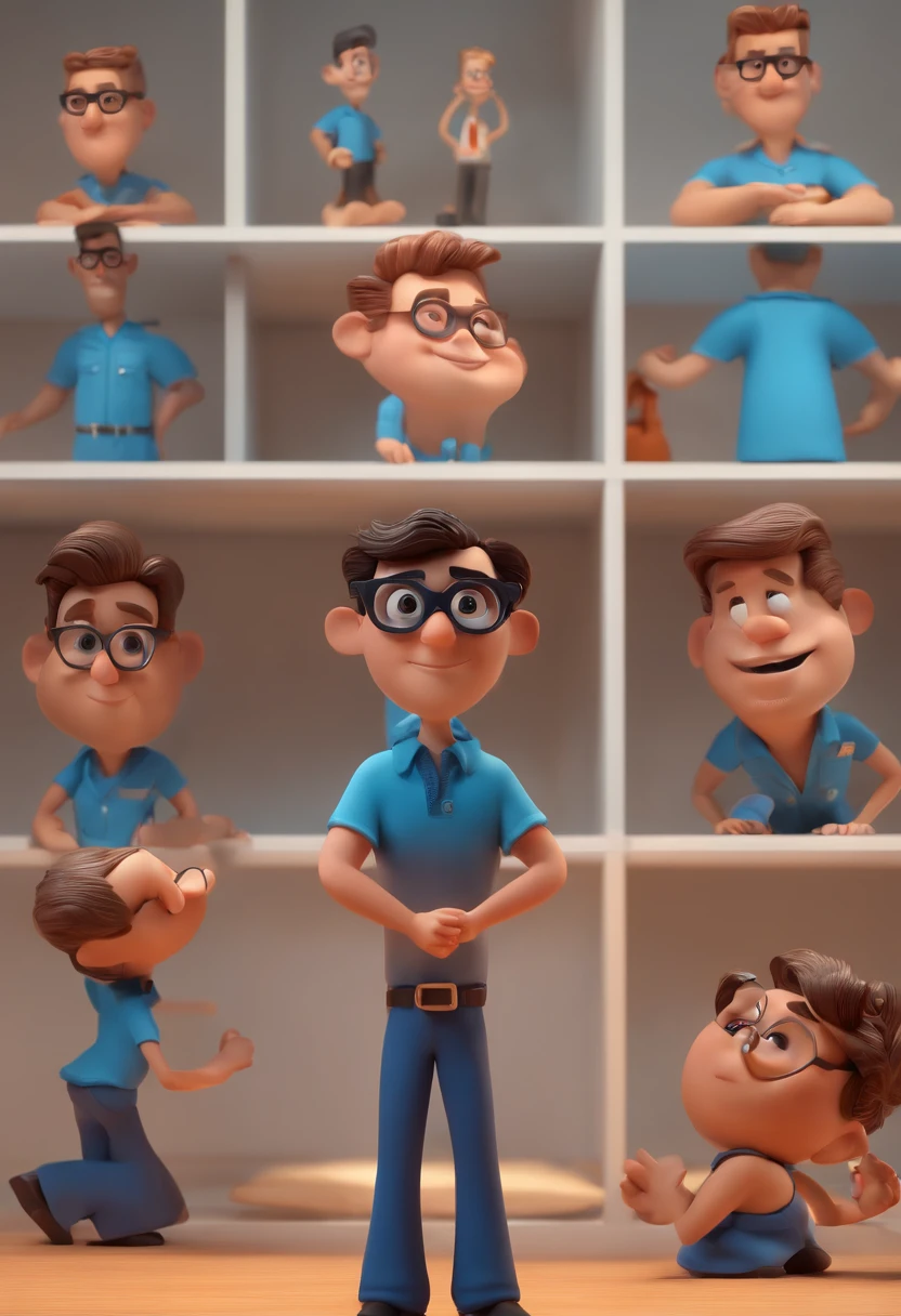 Cartoon character of a man with black glasses and a blue shirt, animation character, Caractere estilizado, animation style rendering, 3D estilizado, Arnold Maya render, 3 d render stylized, toon render keyshot, Personagem 3D, Personagem 3D, 3d rendering stylized, 3 d character render, personagem de desenho animado, Personagem de close up, Pose de personagem,  (Estilo Pixar) (master part:1.2) (Bokeh) (best quality) (pele detalhada) (textura detalhada) (8k) (argila) (Cinematic lighting) (foco nítido