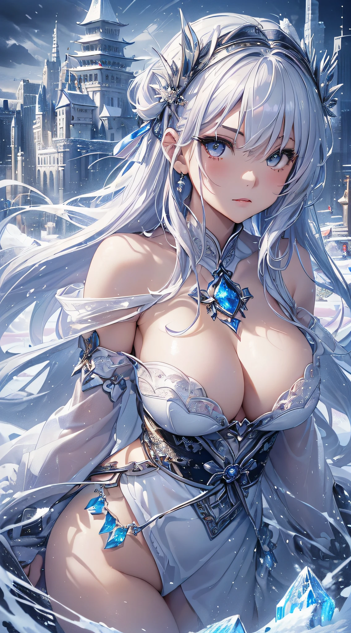 top-quality、Top image quality、masterpiece、girl with((18year old、Best Bust、Medium bust、Bust 85,beautiful silver eyes、Breasts wide open,Semi-long hair with white silver、A slender、Large valleys、Reflecting the whole body、White Japanese Clothing、Ice Sword、Ice Magic Circle、deadpan、Sapphire Hair Ornament、close range、Leaning forward))、hiquality、Beautiful Art、Background with((City of Ice、Iceville、ice tower、snow blowing、Oyuki、Snow World))、masutepiece、visualart、depth of fields、Freezing of vision