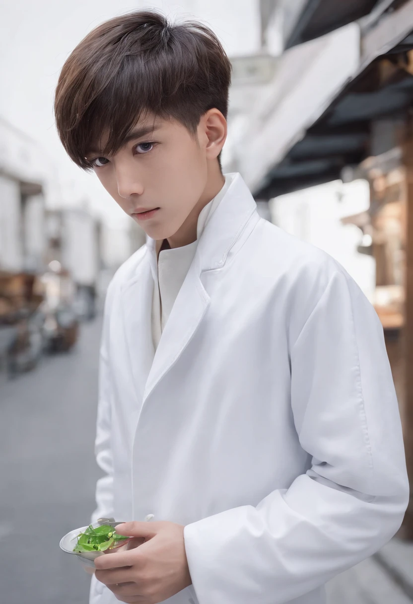 A boy, frontal, worried, white coat, short hair, on street, super detail, high real, 4K, chiaroscuro, super detail,
