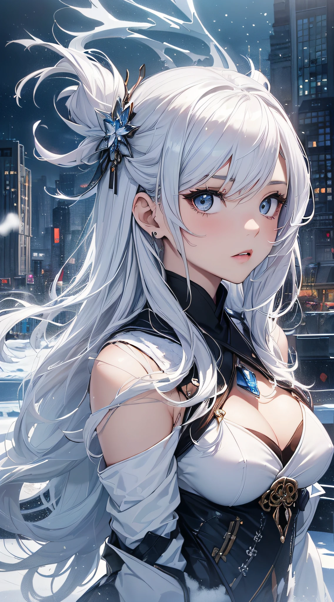 top-quality、Top image quality、masterpiece、girl with((18year old、Best Bust、Medium bust、Bust 85,beautiful silver eyes、Breasts wide open,Semi-long hair with white silver、A slender、Large valleys、Reflecting the whole body、White Japanese Clothing、Ice Sword、Ice Magic Circle、deadpan、Sapphire Hair Ornament、close range、Leaning forward))、hiquality、Beautiful Art、Background with((City of Ice、Iceville、ice tower、snow blowing、Oyuki、Snow World))、masutepiece、visualart、depth of fields、Freezing of vision