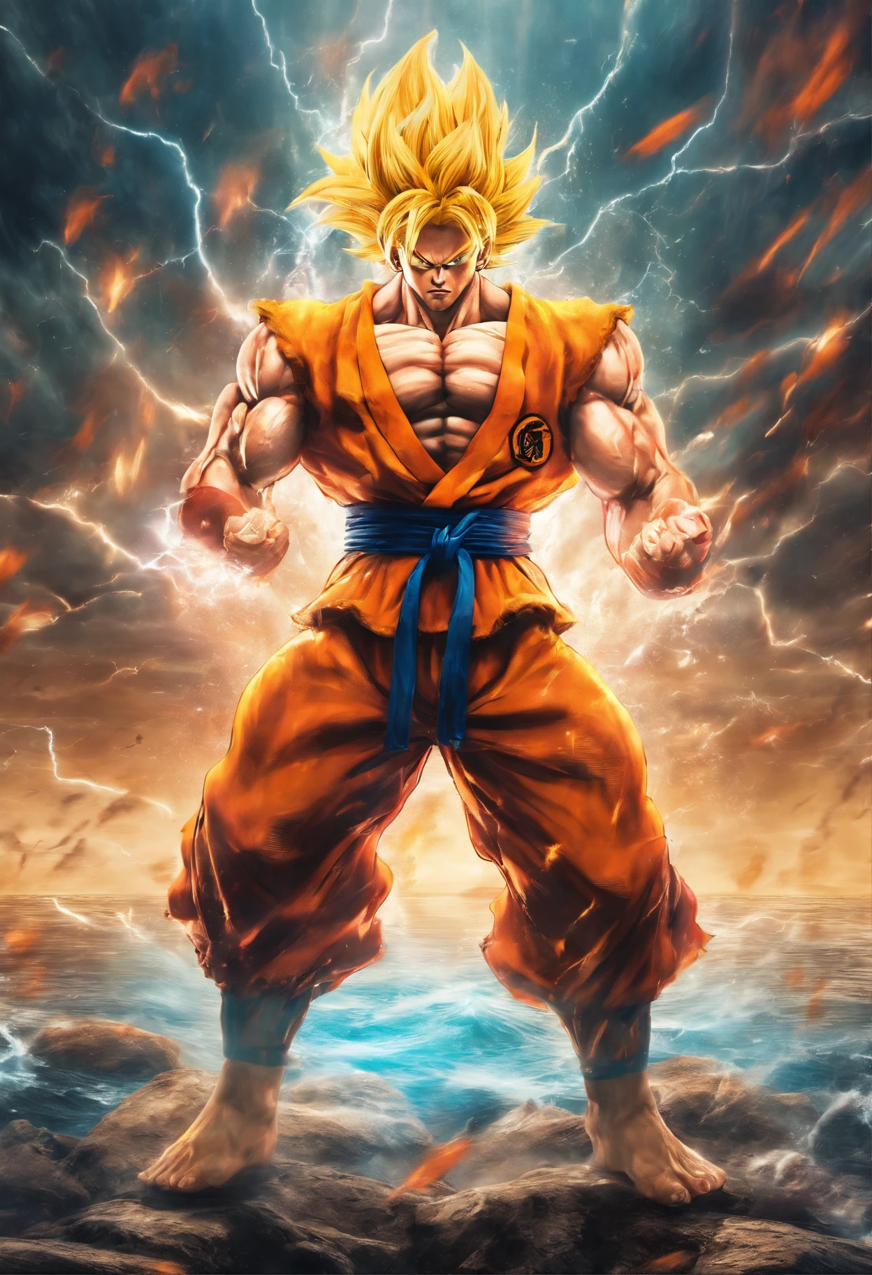 Realistic 3D rendering of Goku Super Saiyan fused Aquaman, surrounded by lightning, grande musculatura, fotografia de corpo inteiro, hiper-realista