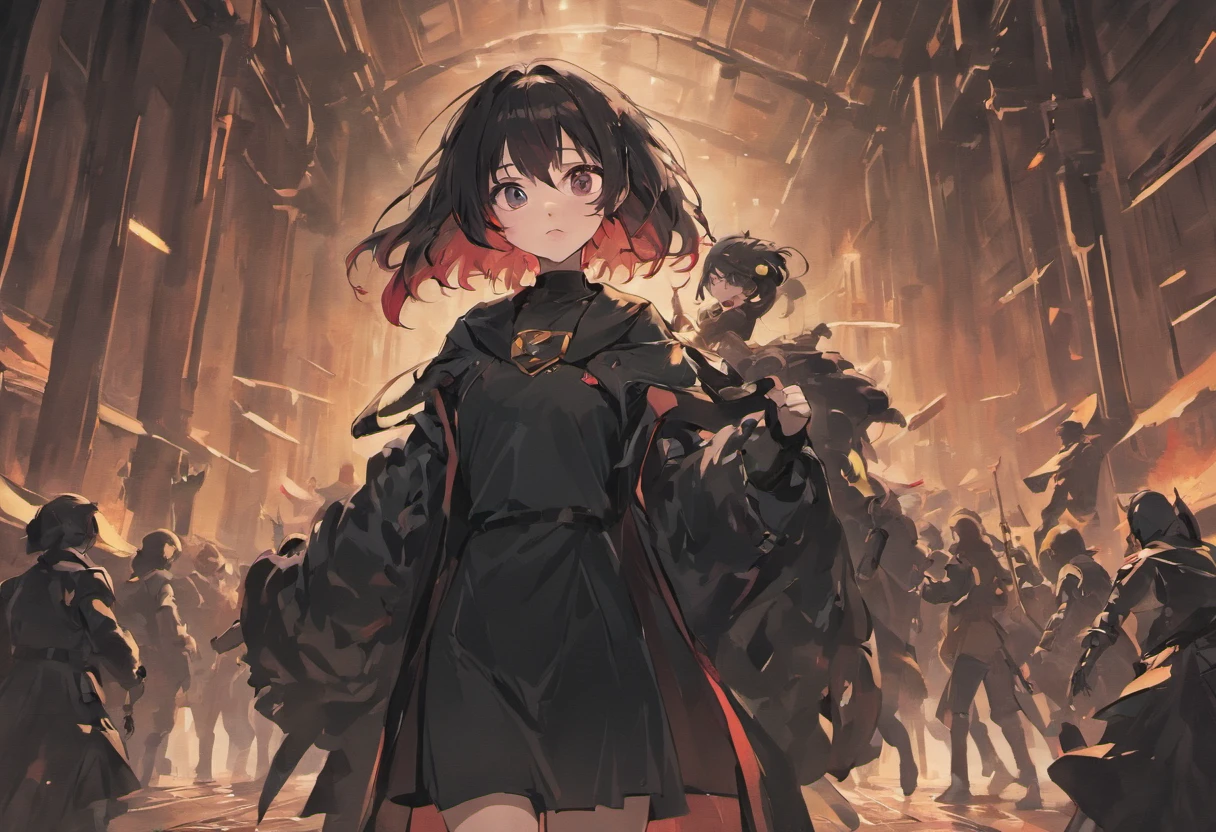 A group of people dressed in all black，In the middle is a girl，Hold a weapon in an apocalyptic setting