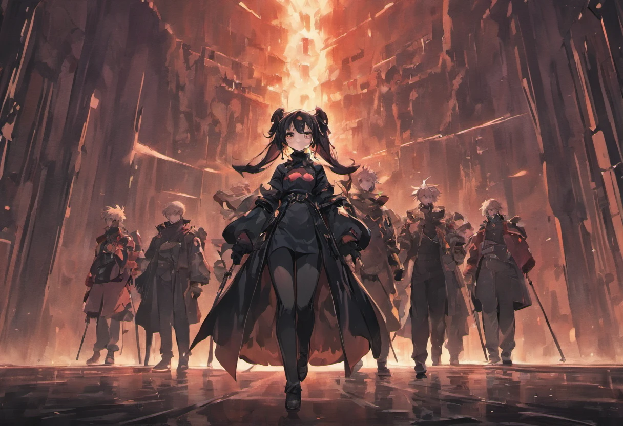 A group of people dressed in all black,In the middle is a girl,Hold a weapon in an apocalyptic setting