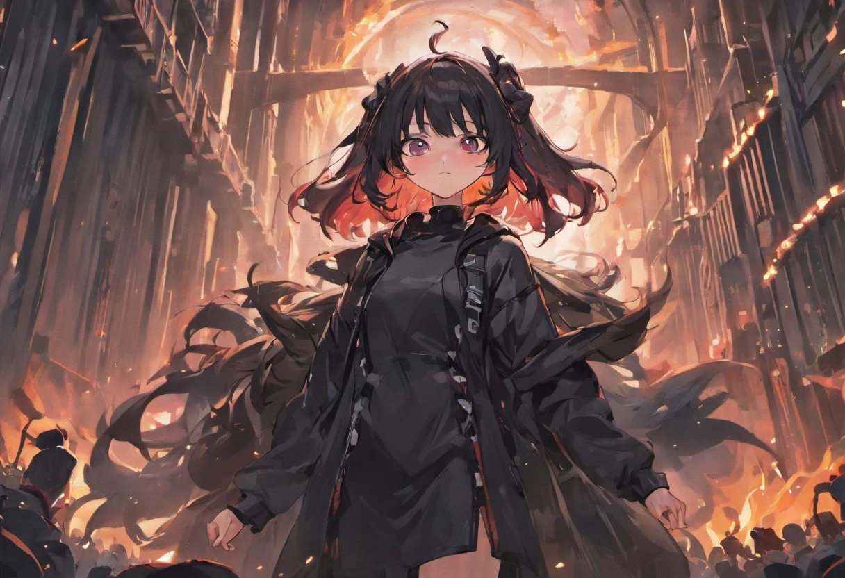A group of people dressed in all black,In the middle is a girl,Hold a weapon in an apocalyptic setting