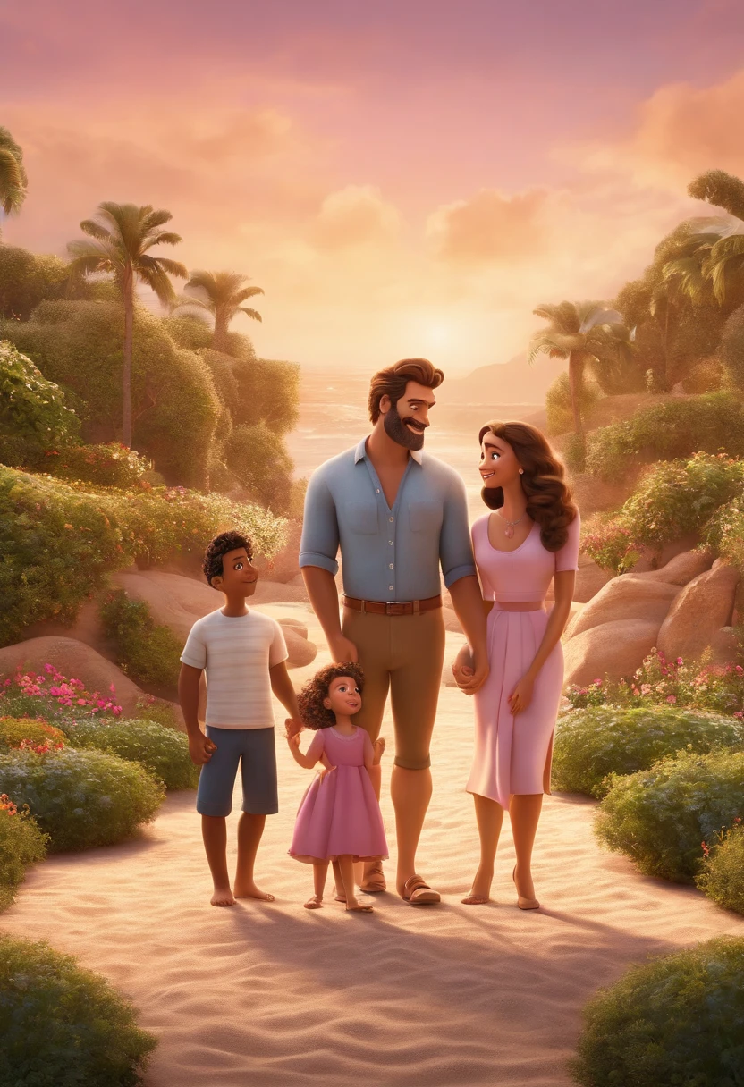 a Disney Pixar movie poster showing a family. The father is the same height as the mother, o pai e moreno, Tem barba curta, preto, cabelos curtos e espinhosos ondulados. Mom has brown eyes, e cabelo claros na altura dos peitos. A menina tem 4 anos e cabelos castanhos, roupa rosa e rabos de cavalo. The background is a beach garden. 3D-rendering
