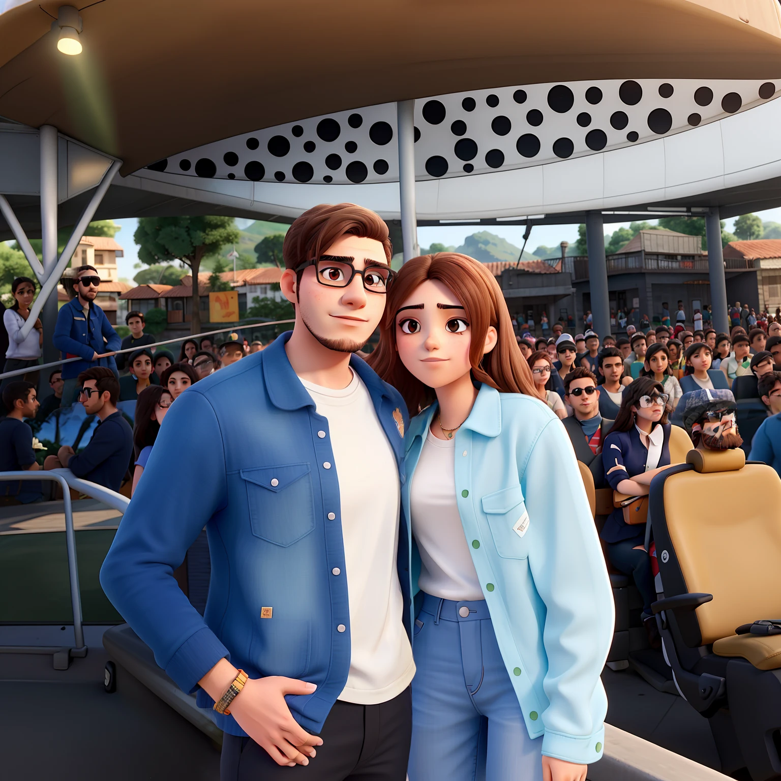 Young couple with sunglasses and passionate look. O jovem rapaz tem barba no rosto todo. The two of them are in a very beautiful background landscape