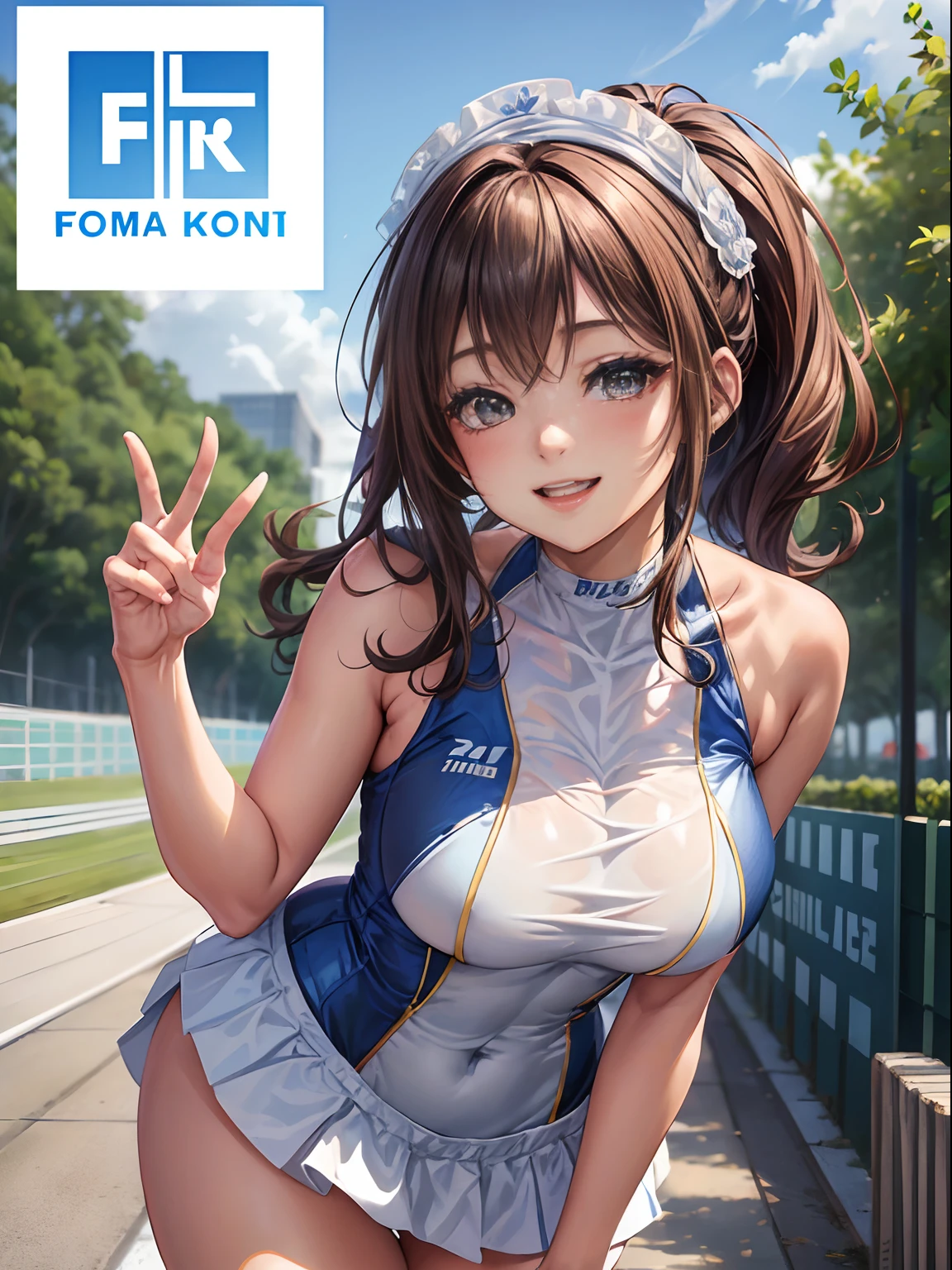 top-quality、Full limbs、complete fingers、1girl in、((one beautiful women、独奏))、Beautiful Large Breasts、Medium Hair、poneyTail、brown haired、Race Queen Costume、((Blue and white one-piece costume with logo:1.3))、Woman in blue and white miniskirt、White arm cover、Tricolor parasol、Woman in long white boots、((F1 Key Circuit、Formula 1、F1、racing car))、Naughty Poses、A big smile、zoomed、composition seen from below