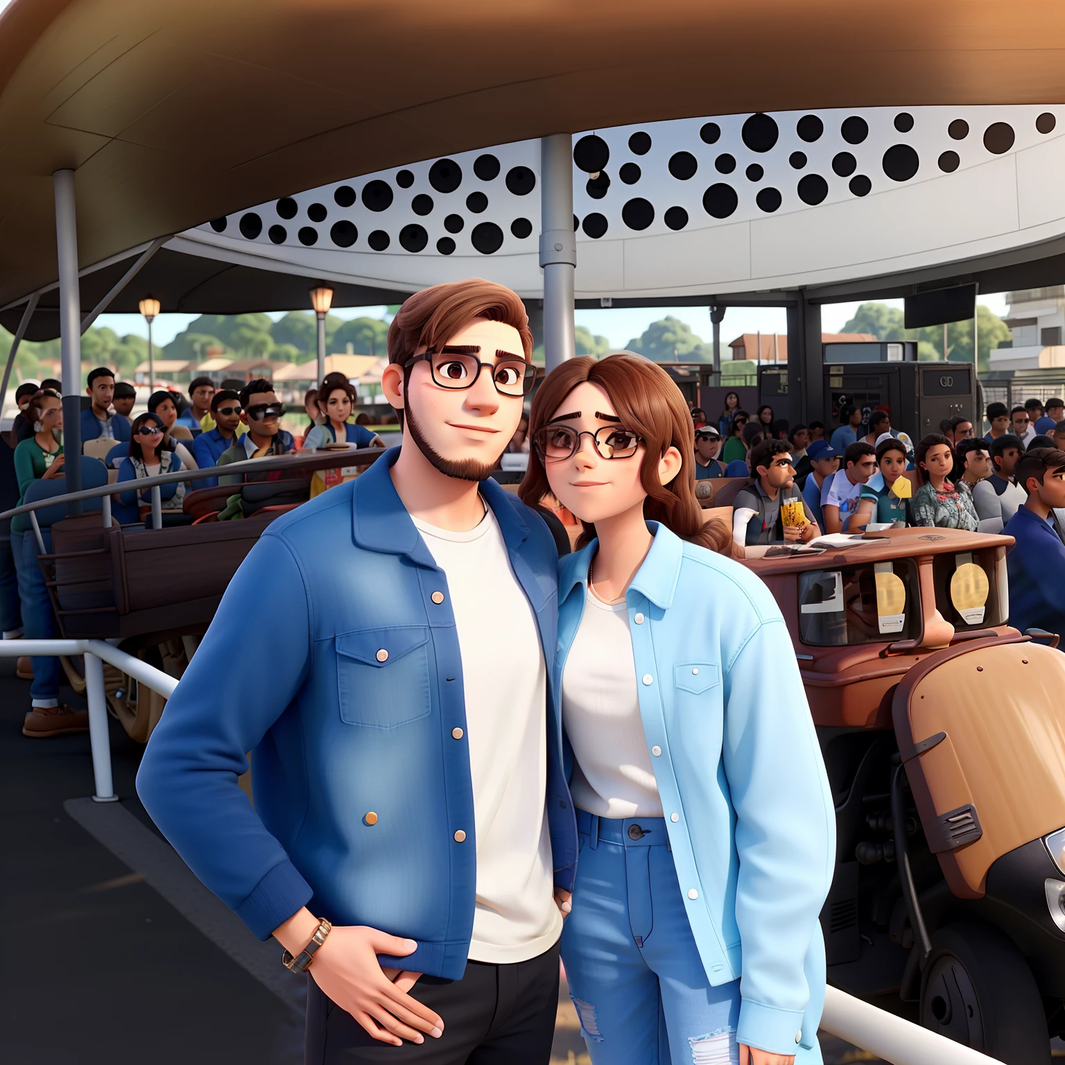 Young couple with sunglasses and passionate look. O jovem rapaz tem barba no rosto todo. The two of them are in a very beautiful background landscape