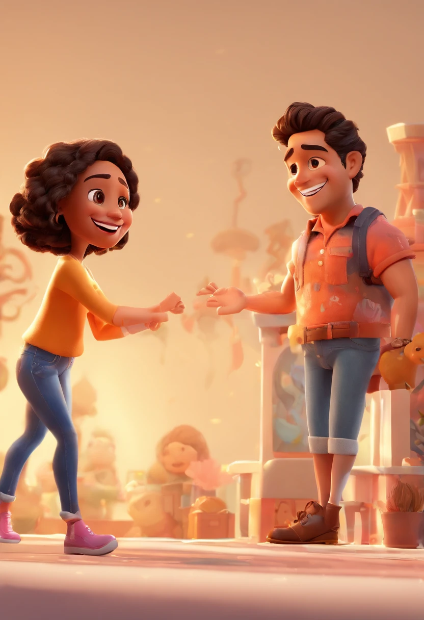 An illustration of an adorable couple, Highlight for a chubby mulatto man with smiling glasses and a brunette woman with beautiful expressive eyes - the man's skin is mulatto and the man's hair has, while the woman's skin is black and the woman's hair is straight and brown. They are a bright room, cada um com um sorriso no rosto, e compartilhar um momento especial caracterizado pelo amor, Insights. Illustrate this scene from a perspective where they are facing the camera, Smiling and Showing Your Connection. Desenvolva esta arte em Full HD, Focus on your cinematic touch, Estilo Disney Pixar Animations