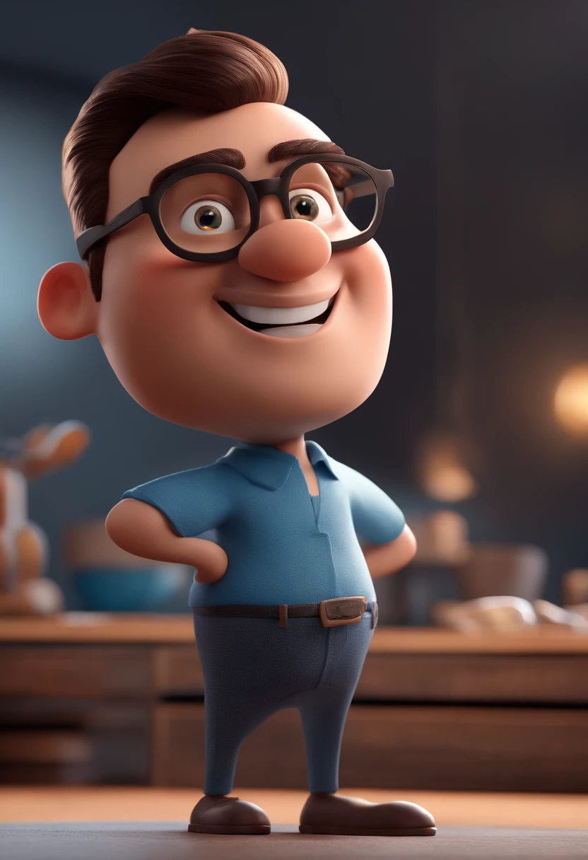 Cartoon character of a man with black glasses and a blue shirt, animation character, Caractere estilizado, animation style rendering, 3D estilizado, Arnold Maya render, 3 d render stylized, toon render keyshot, Personagem 3D, Personagem 3D, 3d rendering stylized, 3 d character render, personagem de desenho animado, Personagem de close up, Pose de personagem,  (Estilo Pixar) (master part:1.2) (Bokeh) (best quality) (pele detalhada) (textura detalhada) (8k) (argila) (Cinematic lighting) (foco nítido