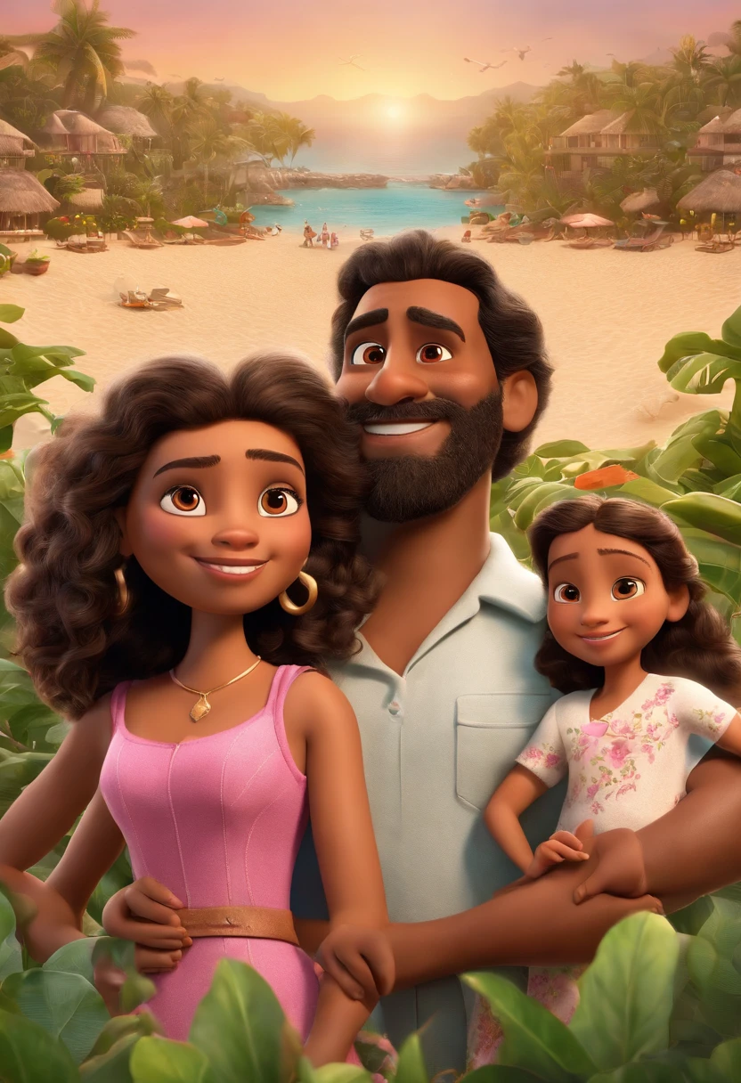 a Disney Pixar movie poster showing a family with a brown-skinned father and daughter and a brown-skinned mother . The father is the tallest, Tem barba curta,cabelos curtos e castanhos olhos verdes . The mother has straight black eyes and hair below her shoulders and is slightly overweight. A menina tem 13  anos e cabelos castanhos, olhos escuros ,usando roupa rosa e cabelos cacheados compridos . The background is a beach garden. 3D-rendering