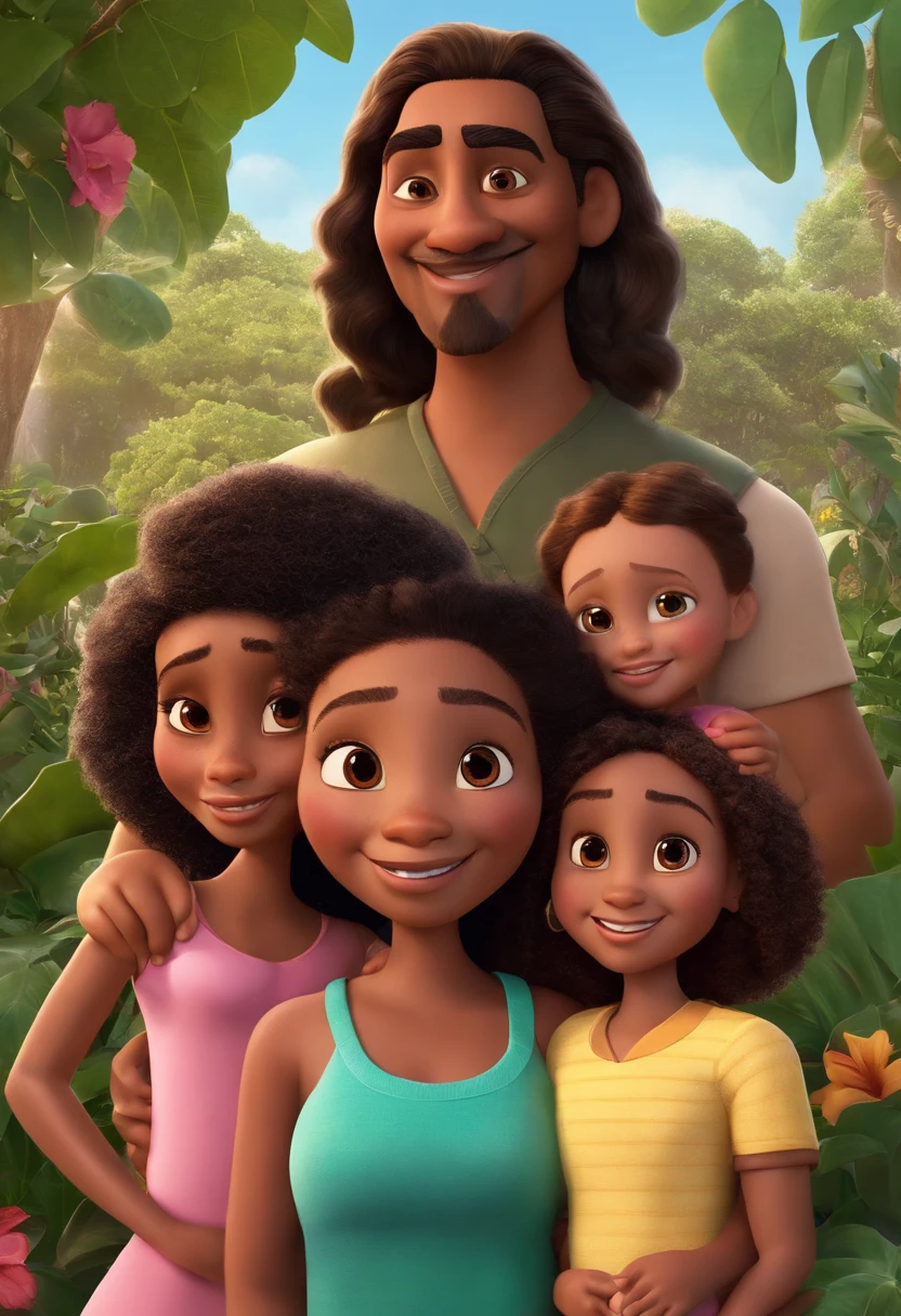 a Disney Pixar movie poster showing a family with a brown-skinned father and daughter and a brown-skinned mother . The father is the tallest, Tem barba curta,cabelos curtos e castanhos olhos verdes . The mother has straight black eyes and hair below her shoulders and is slightly overweight. A  tem 13  anos e cabelos castanhos, olhos escuros ,usando roupa rosa e cabelos cacheados compridos . The background is a beach garden. 3D-rendering