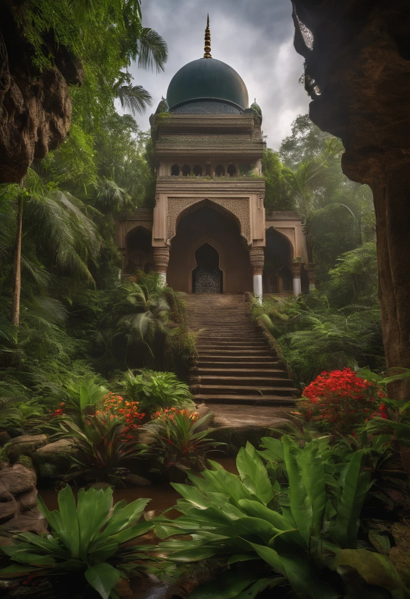 A very detailed photography of an islam mosque in the jungle, many waterfalls, dramatic sky, wild plants and flowers, iperrealistic