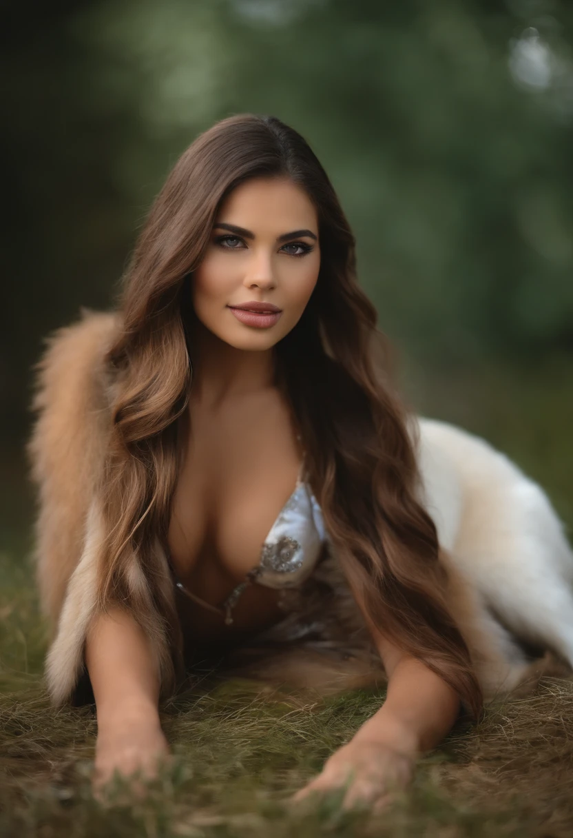 Fotorrealista de uma jovem mulher morena, 21 anos, Usando um vestido colorido, sobrancelha perfeita, Perfect lips, nariz perfeito, Cor profissional graduada, mulher maravilhosa, mulher russa bonito, foco nítido, cabelos longos, Praia, Natural Skin Characteristics,Modelos,imagem de corpo inteiro,looking-into-camera, Natural Fur Sharp Line with a Female Siberian Husky by her side on the mountain