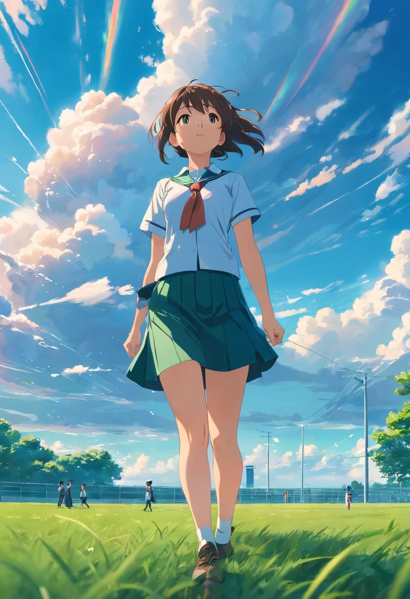 1girl in distance, looking up, school uniform, epic composition, green grass field, windy, blue sky, beautiful clouds, sunny light, absurdres, high res, ultrasharp, 8K, masterpiece, makoto shinkai style, shot on dslr