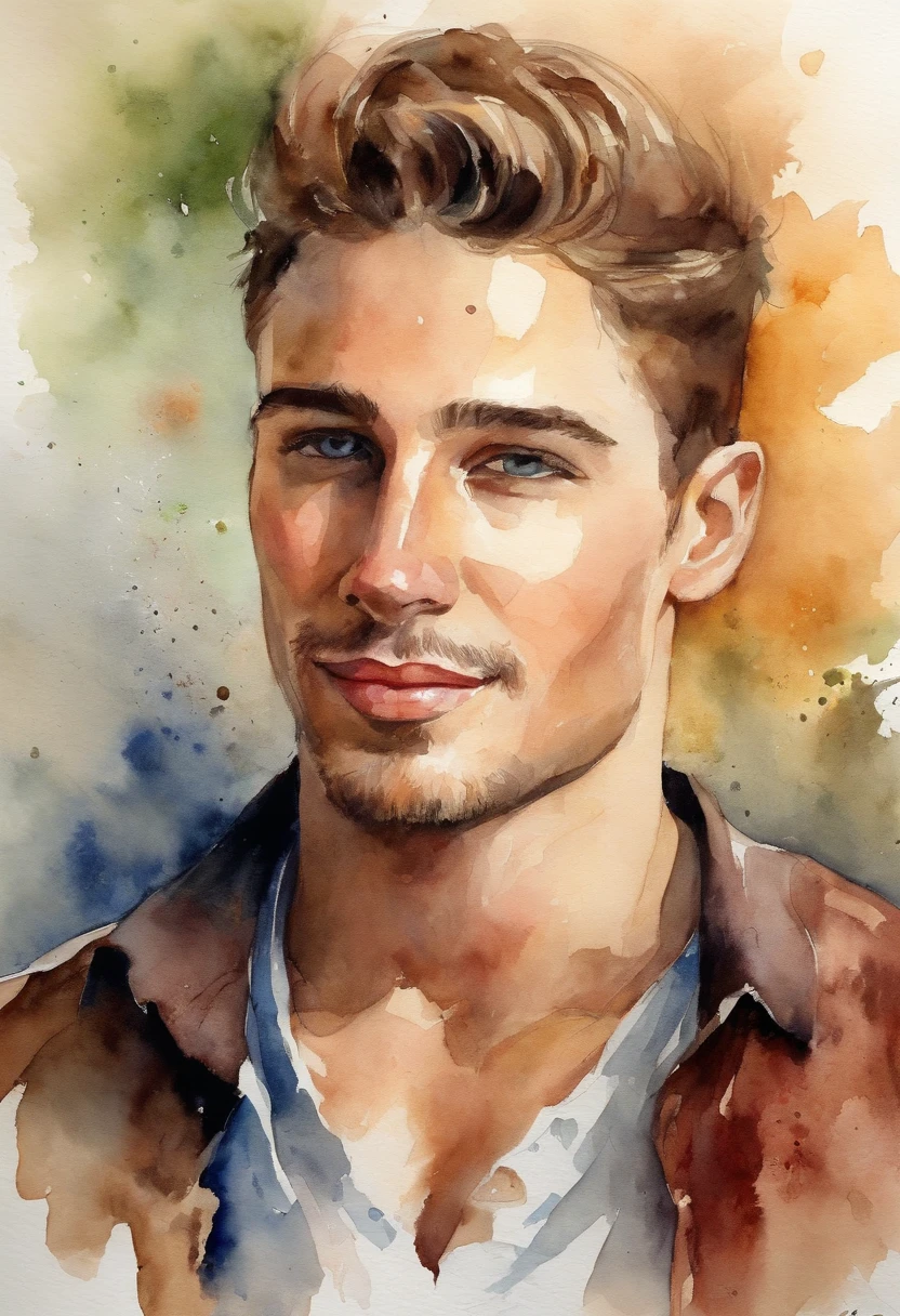 A painting of a man with a brown jacket and white shirt - SeaArt AI