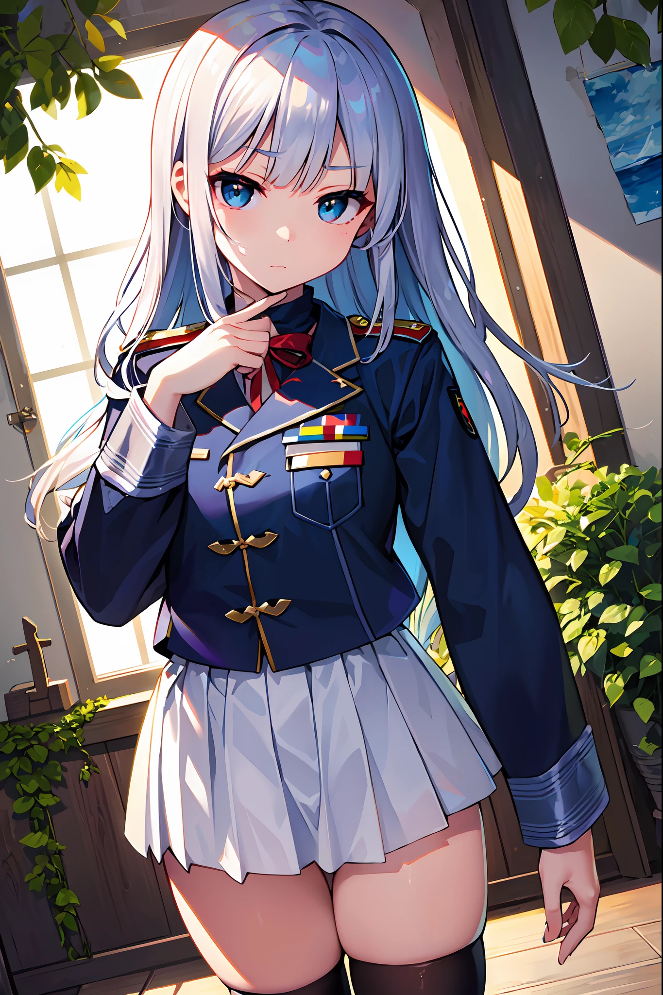 ((masterpiece)), ((best quality)), (ultra-detailed), ((kawaii)), cute, (lovely), ((sexy)), (ero), ((extremely detailed)), 4K, (8K), best quality, (beautiful), illustration,The girl wore a black German military uniform, 1 cute young girl, super fine illustrations, spot color, flame painter, dutch angle, looking at viewers, depthoffield, tai chi, sliver and broken body, Perfect female body, 1 girl, girl, white and silver hair, blue streaked hair, Fluttering hair, absurdly long hair, diamond and glaring eyes, Smooth and radiant skin, military, black kneehighs, white skirt, torn clothes, cropped torso, church, indoors, vines, destroy, Absurd, masterpiece, extremely detailed, wallpaper,