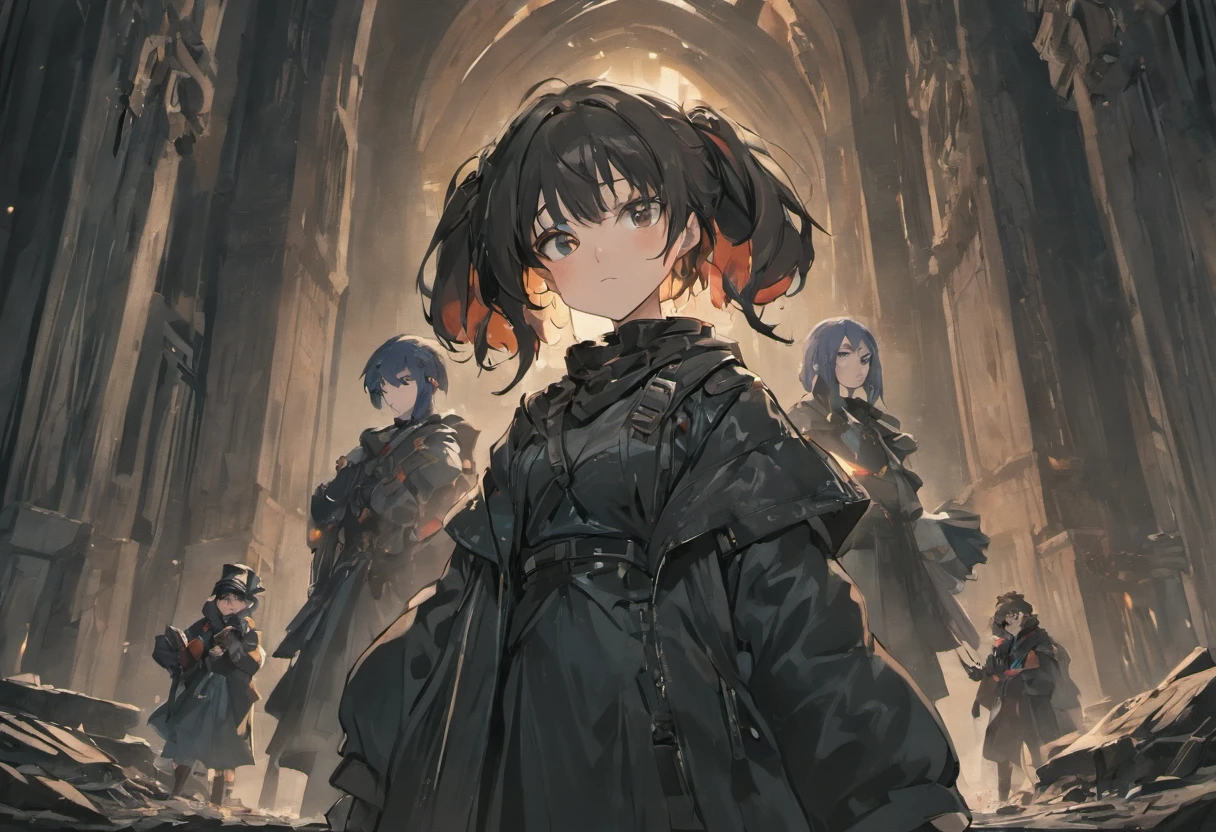 A group of people dressed in all black，In the middle is a girl，Hold a weapon in an apocalyptic ruins setting，Ultra-clear details