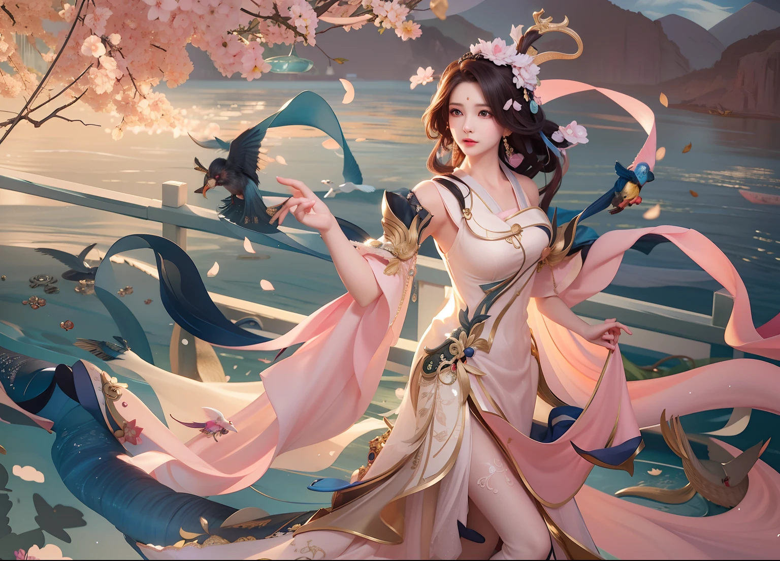 Anime girl wearing pink dress，With a fan and a bird, queen of the sea mu yanling, Inspired by Lan Ying, ! Dream Artgerm, Artgerm Plat, Artgerm and Ruan Jia, Ruan Jia and Artgerm, a beautiful fantasy empress, Style Artgerm, art-style, inspired by Ju Lian