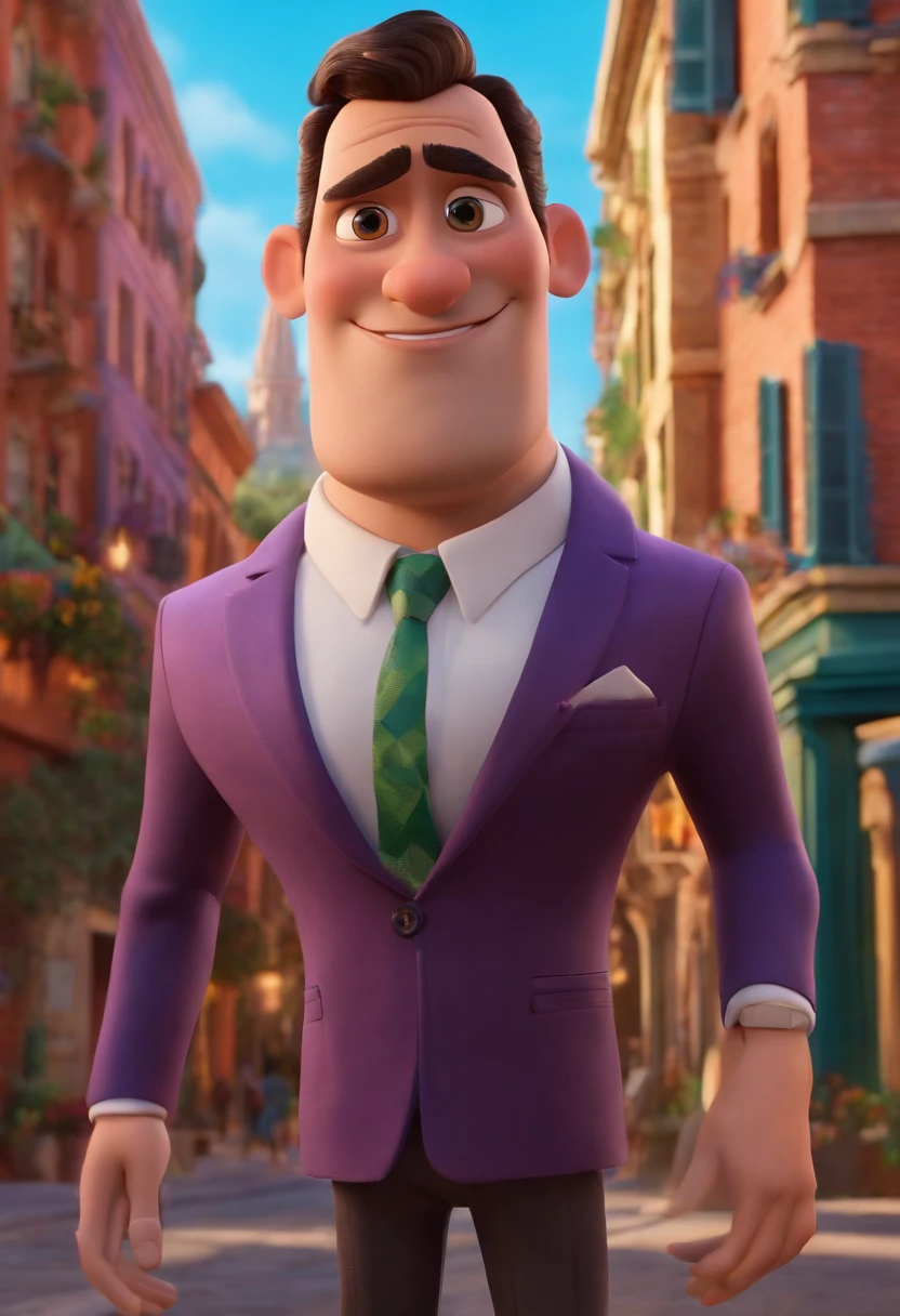 A city bold councilman looking at a dream project inspired by Pixar animation, de perto. The character takes center stage with captivating facial expressions, oferecendo um toque de irrealidade